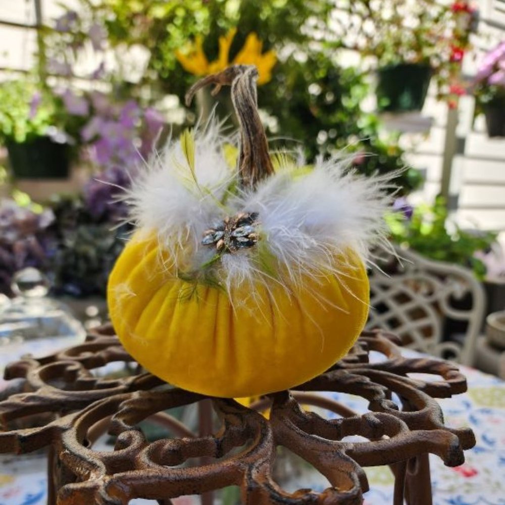 PUMPKIN WITH REAL STEM, VELVET FABRIC, SILK RIBBONS AND UNIQUE TRIM HANDMADE